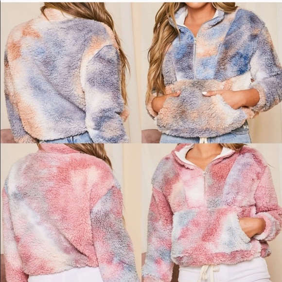 PEACH LOVE Sherpa Fleece Tie Dye Half Zip Mauve - Picture 7 of 7